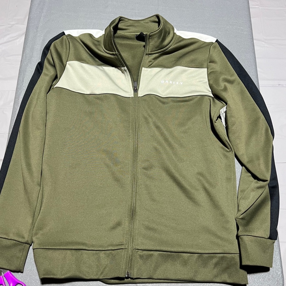 Oakley Mens Custom Fit Track Jacket Green Colorblock Full Zip Large Logo Graphic